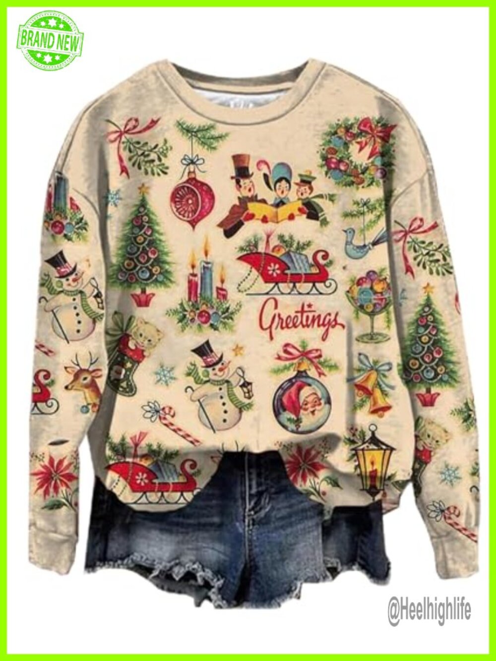 Womens Christmas Cartoon Print Crew Neck Lightweight Pullover Sweatshirt